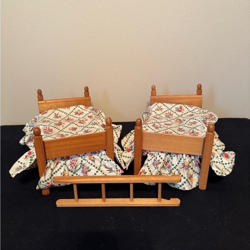 Strombecker | Vintage 1960s Wooden Doll Furniture Twin Beds with Floral Bedding